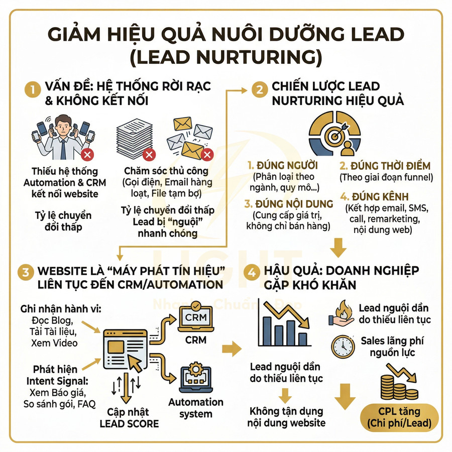 Mô hình giảm hiệu quả nuôi dưỡng lead với website kết nối CRM automation và chiến lược lead nurturing chuẩn