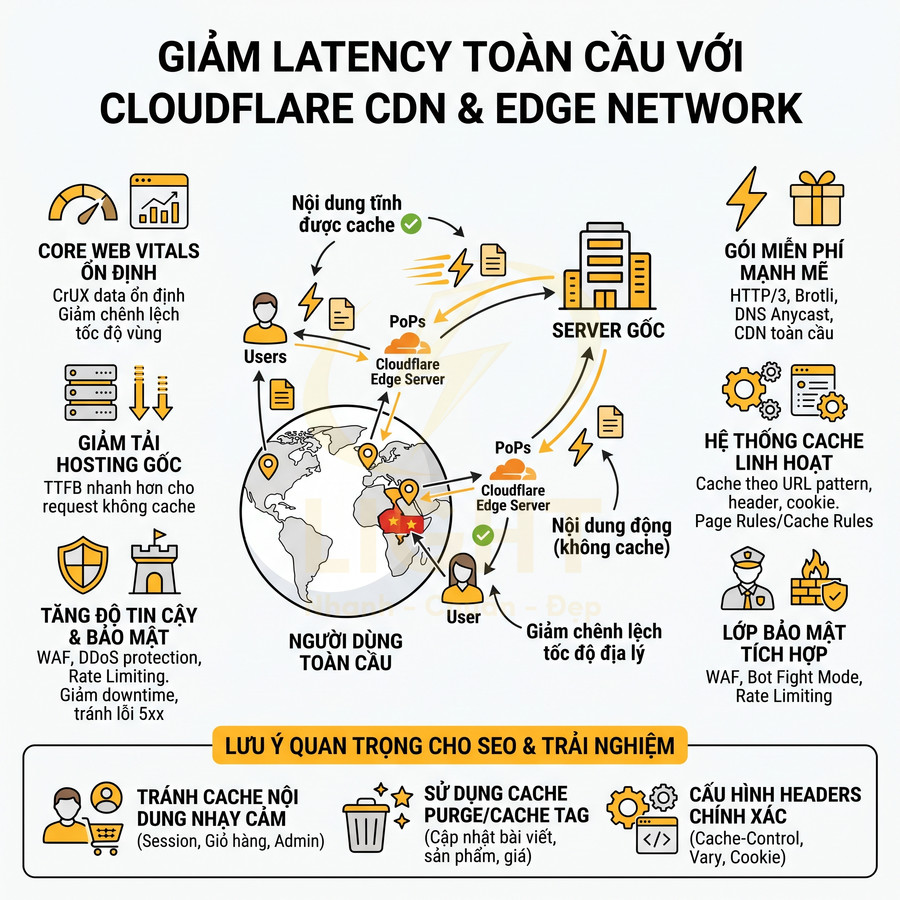 Mô tả lợi ích Cloudflare CDN và Edge Network trong việc giảm latency và tăng tốc độ tải web toàn cầu