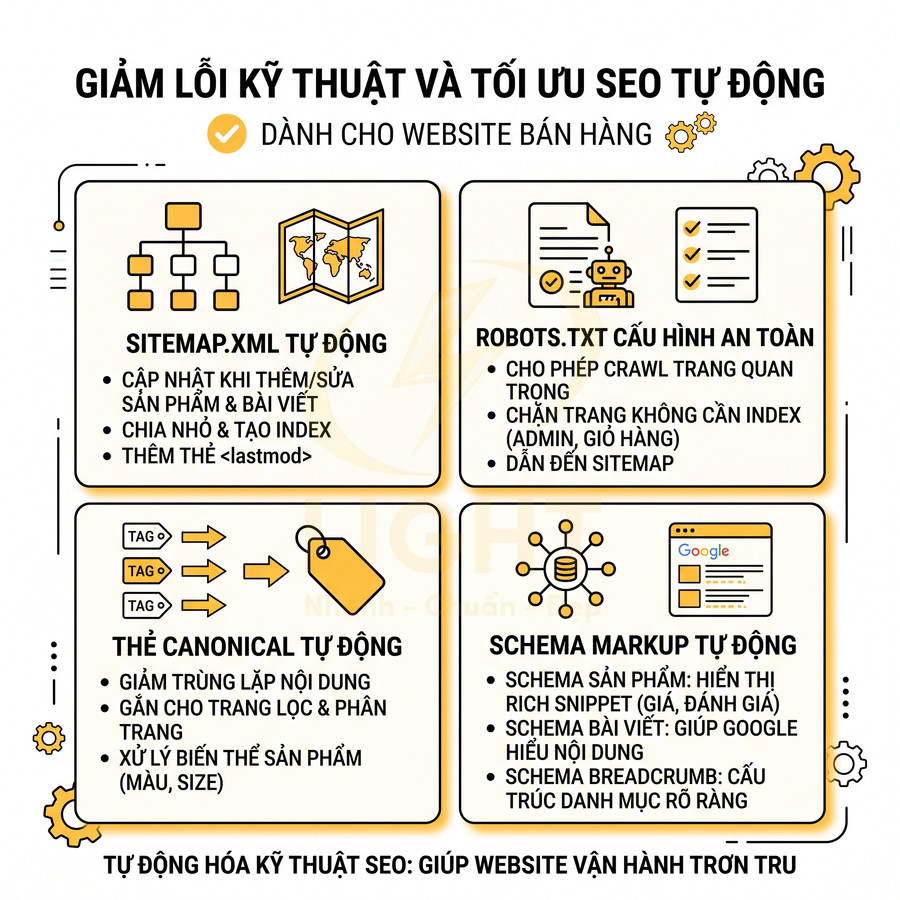 Giải pháp tự động hóa kỹ thuật SEO cho website bán hàng với sitemap, robots.txt, canonical và schema markup
