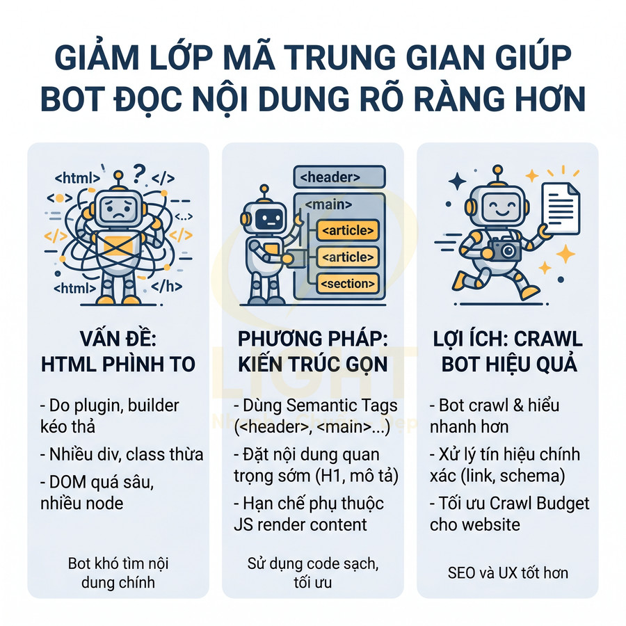 Minh họa robot SEO hướng dẫn tối ưu HTML gọn nhẹ giúp bot crawl nội dung website nhanh và hiệu quả hơn