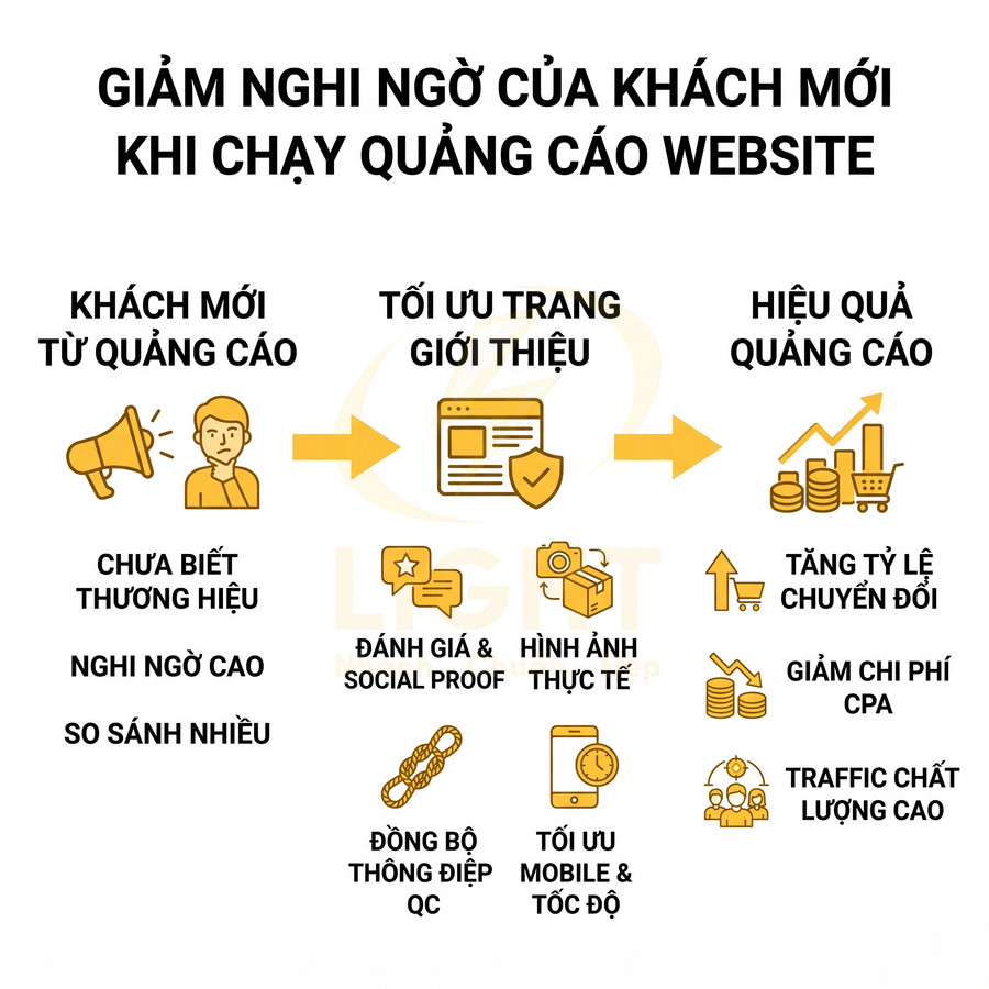 Mô hình tối ưu trang giới thiệu website để giảm nghi ngờ khách mới và tăng hiệu quả quảng cáo chuyển đổi