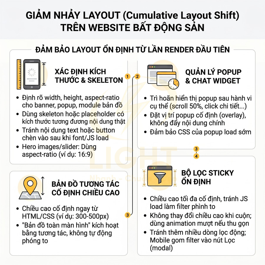 Infographic hướng dẫn giảm nhảy layout CLS cho website bất động sản với các bước tối ưu popup, bản đồ, bộ lọc