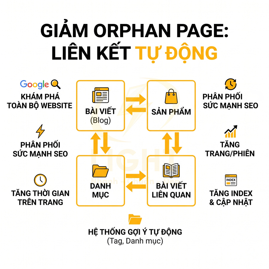 Sơ đồ liên kết tự động giữa bài viết, sản phẩm, danh mục giúp giảm orphan page và tăng hiệu quả SEO website