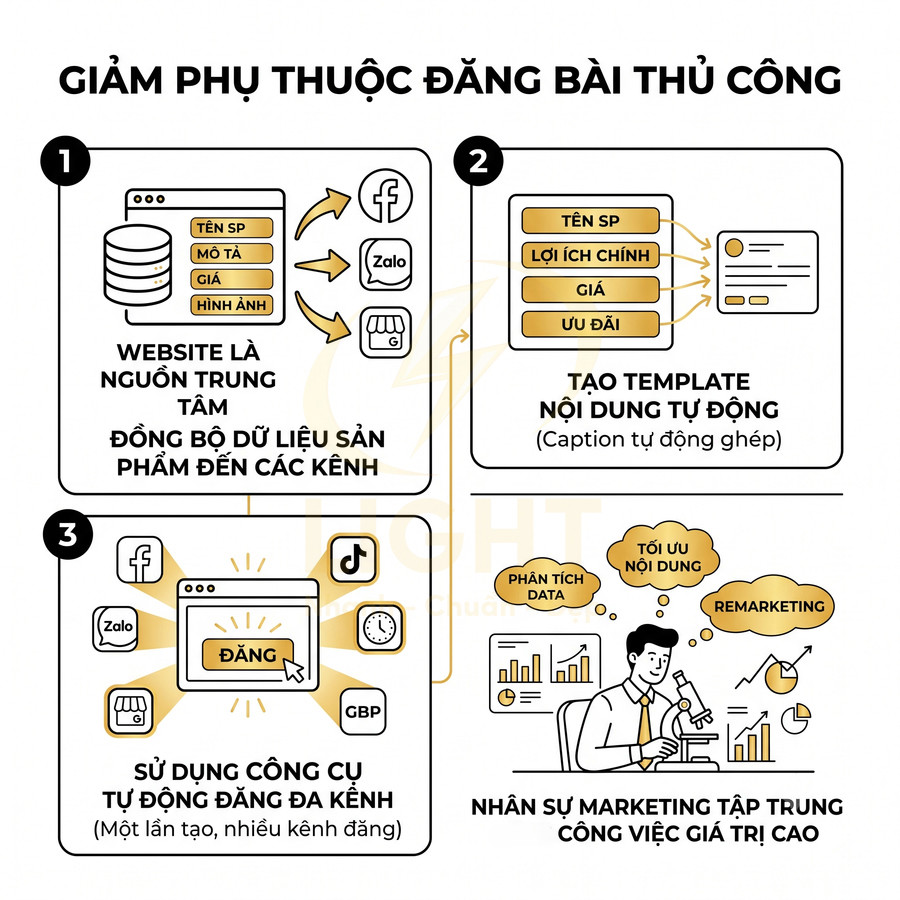 Infographic quy trình giảm phụ thuộc đăng bài thủ công và tự động hóa đăng sản phẩm đa kênh marketing