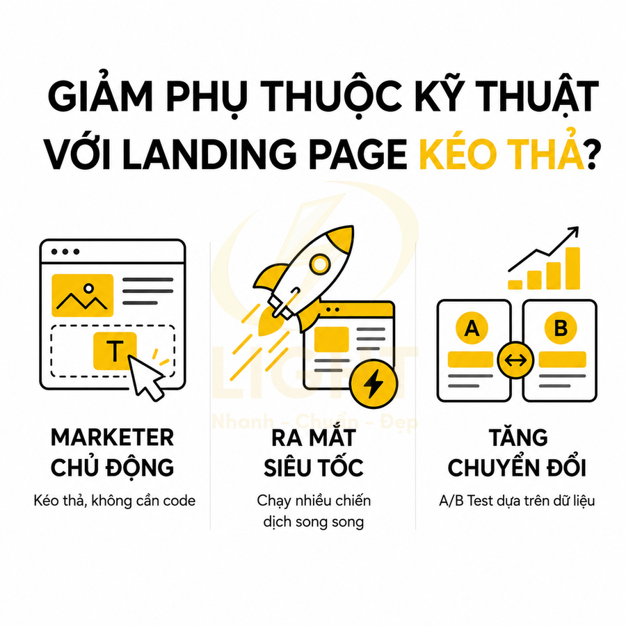 Giảm phụ thuộc kỹ thuật với landing page kéo thả, marketer chủ động, ra mắt siêu tốc và tăng chuyển đổi