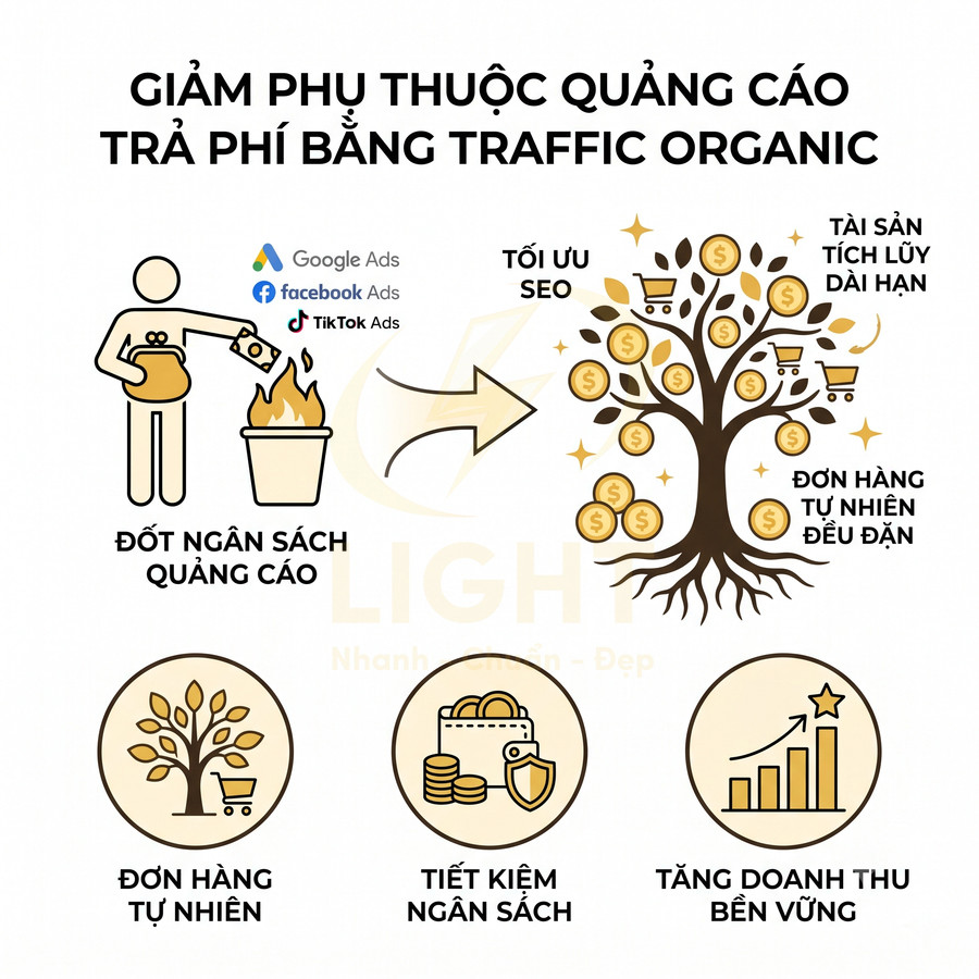 Minh họa lợi ích tối ưu SEO, giảm phụ thuộc quảng cáo trả phí, tăng đơn hàng tự nhiên và doanh thu bền vững