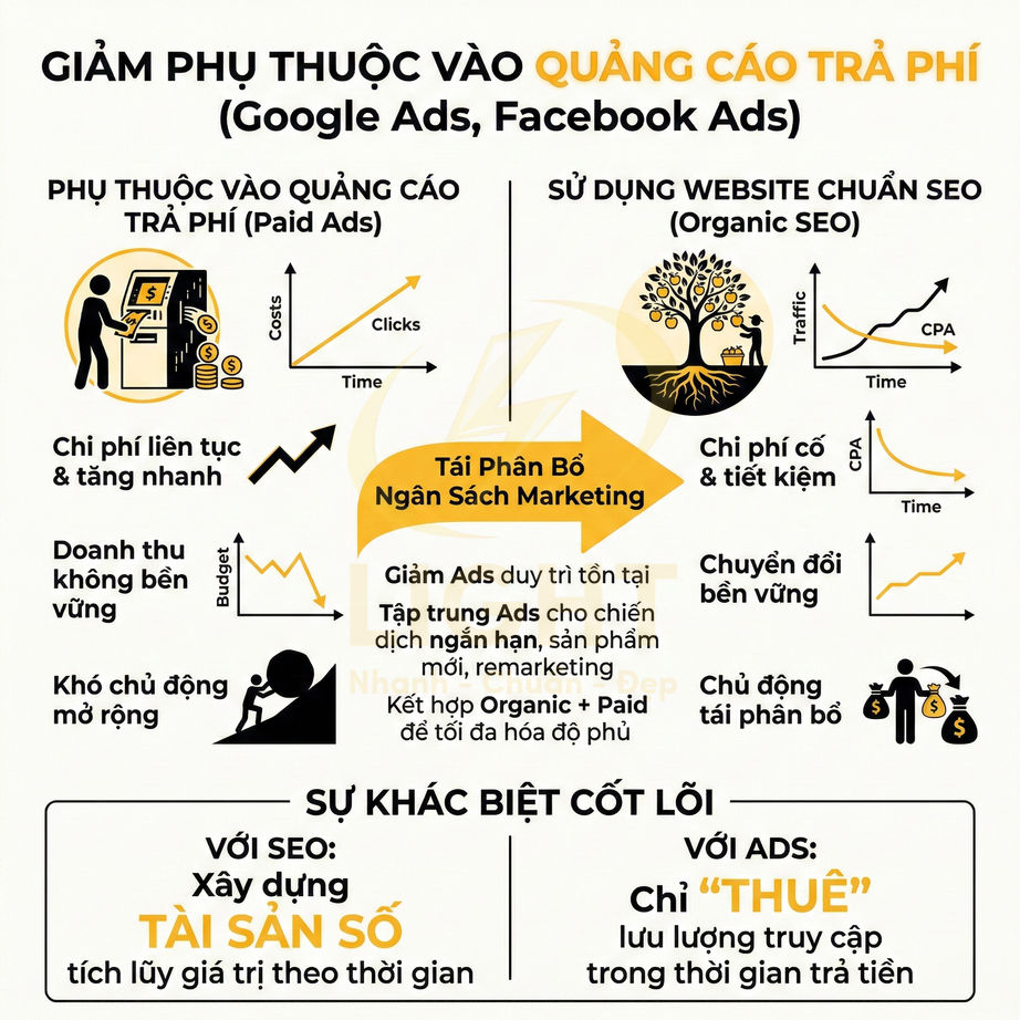 Infographic so sánh quảng cáo trả phí Google Ads Facebook Ads với chiến lược SEO và tái phân bổ ngân sách marketing
