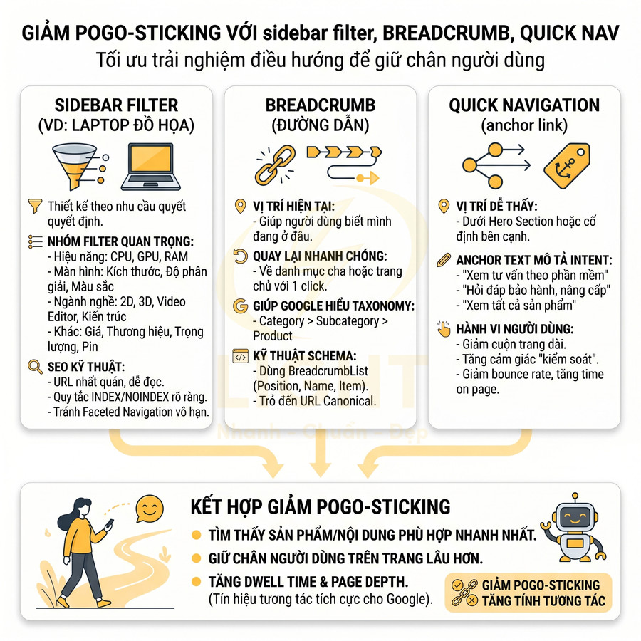 Infographic hướng dẫn giảm pogo sticking với sidebar filter breadcrumb quick navigation trong thiết kế website SEO