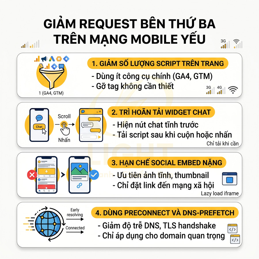 Infographic tối ưu giảm request bên thứ ba trên mạng mobile yếu với 4 bước cải thiện hiệu suất web