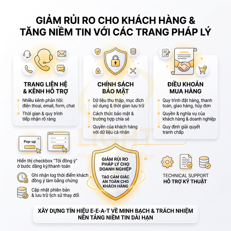 Infographic hướng dẫn giảm rủi ro pháp lý và tăng niềm tin khách hàng với trang liên hệ, chính sách bảo mật, điều khoản mua hàng