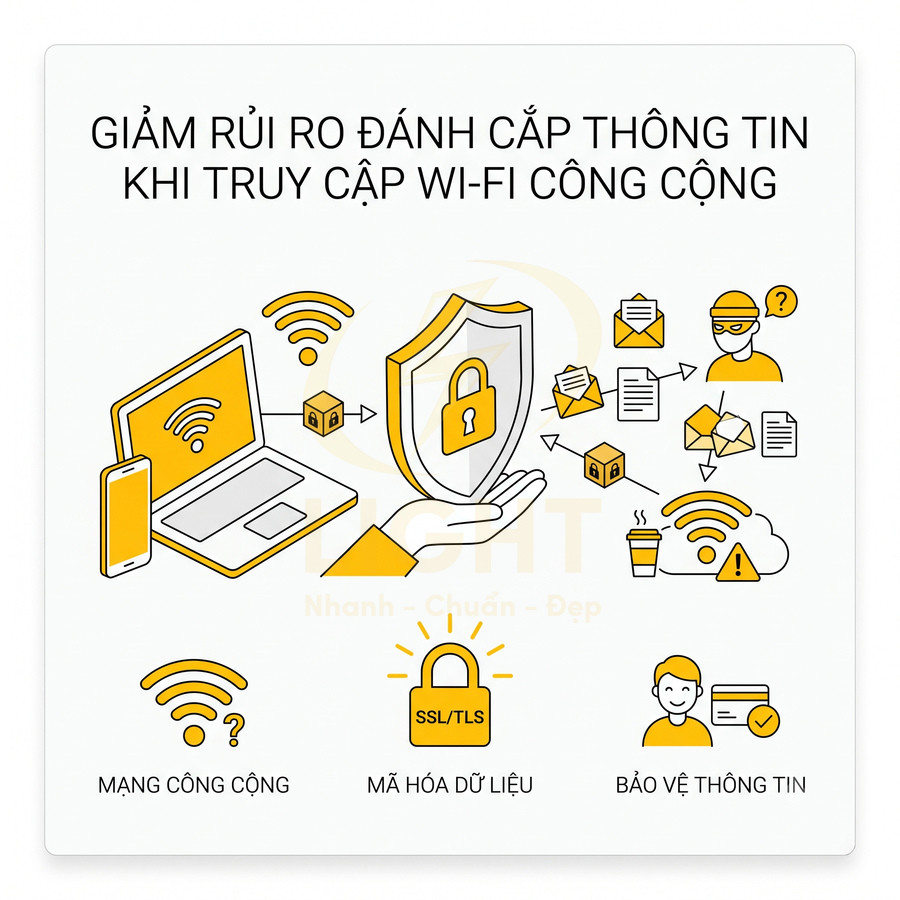 Minh họa bảo mật thông tin khi truy cập Wi Fi công cộng bằng mã hóa SSL TLS và bảo vệ dữ liệu người dùng