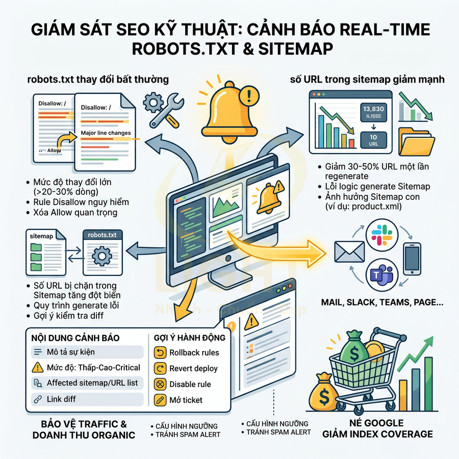 Infographic giám sát SEO kỹ thuật cảnh báo real time robots.txt và sitemap bảo vệ traffic organic