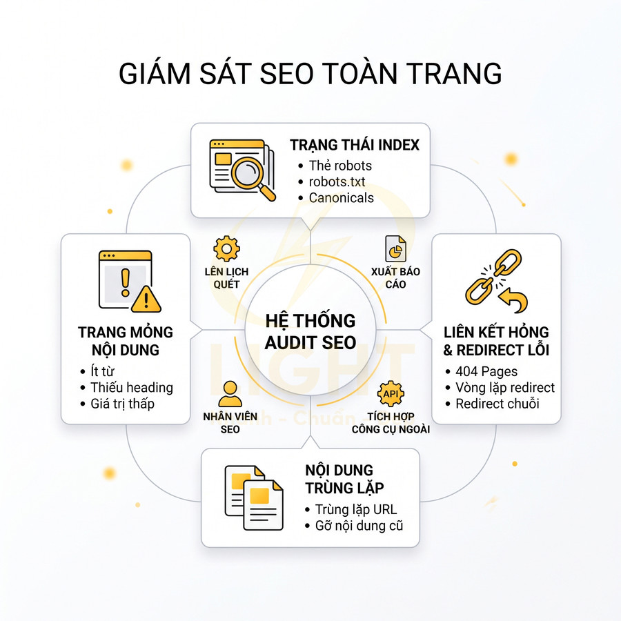 Sơ đồ hệ thống audit SEO giám sát toàn trang với các mục trạng thái index, nội dung mỏng, nội dung trùng lặp, liên kết hỏng
