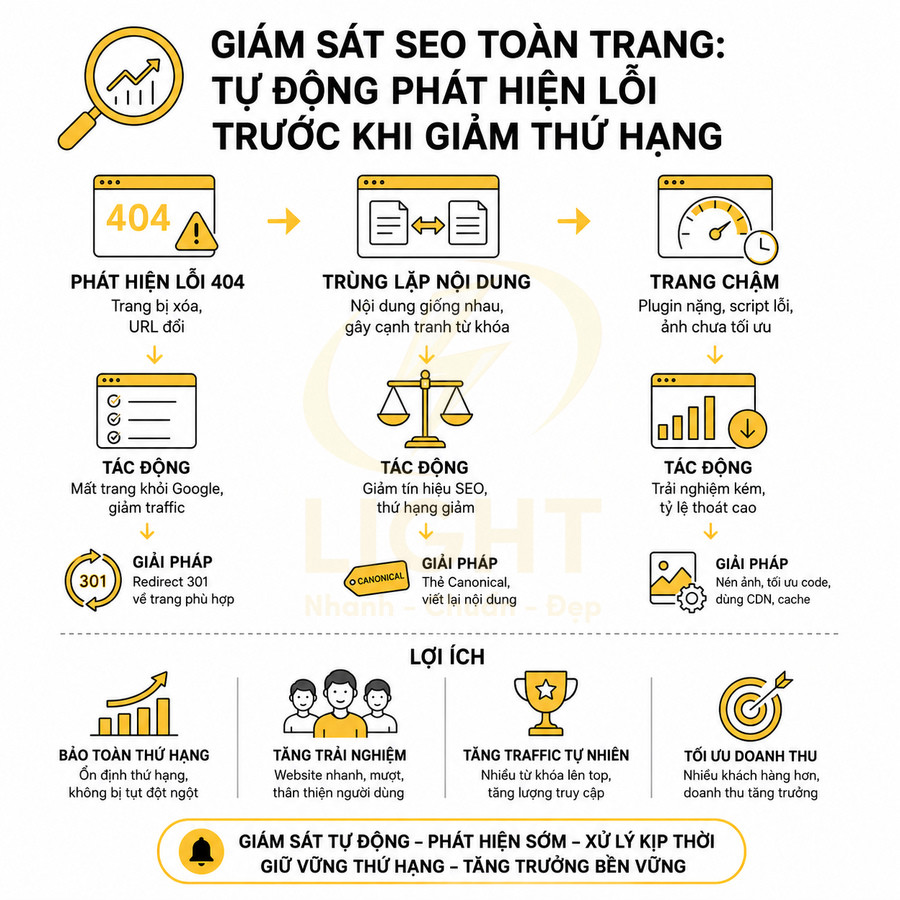 Infographic giám sát SEO toàn trang, phát hiện lỗi 404, trùng lặp nội dung, trang chậm và lợi ích tối ưu website