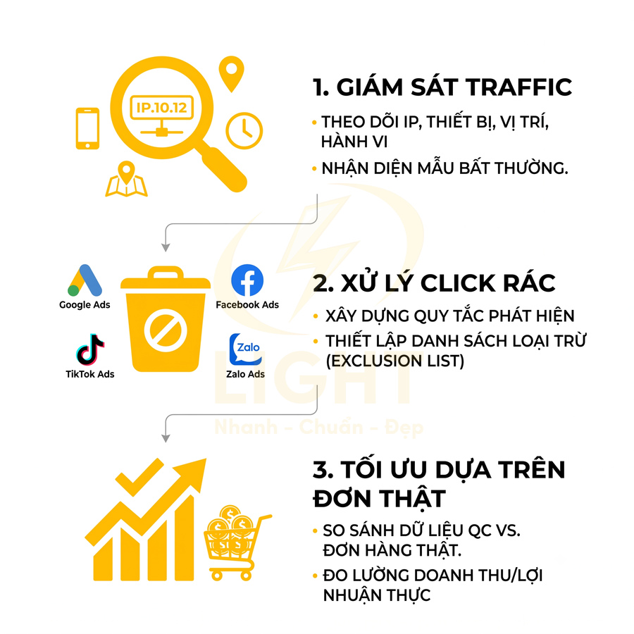 Quy trình giám sát traffic xử lý click rác và tối ưu quảng cáo Google Ads Facebook Ads TikTok Ads Zalo Ads