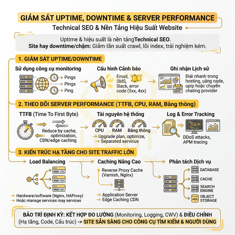 Infographic giám sát uptime downtime và hiệu suất server cho Technical SEO và hạ tầng website