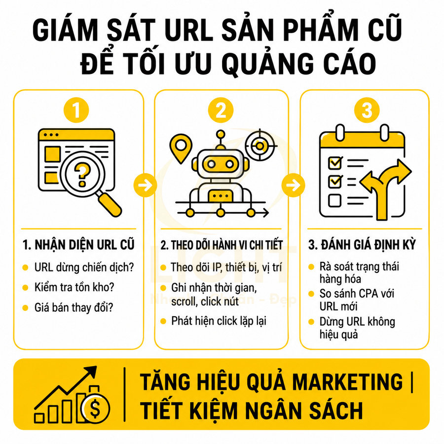 Infographic quy trình giám sát URL sản phẩm cũ để tối ưu quảng cáo và tăng hiệu quả marketing