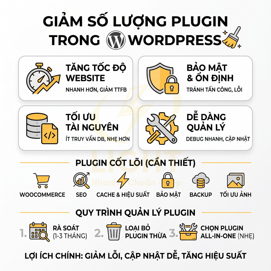 Infographic lợi ích giảm số lượng plugin trong WordPress để tăng tốc độ, bảo mật và tối ưu quản lý website