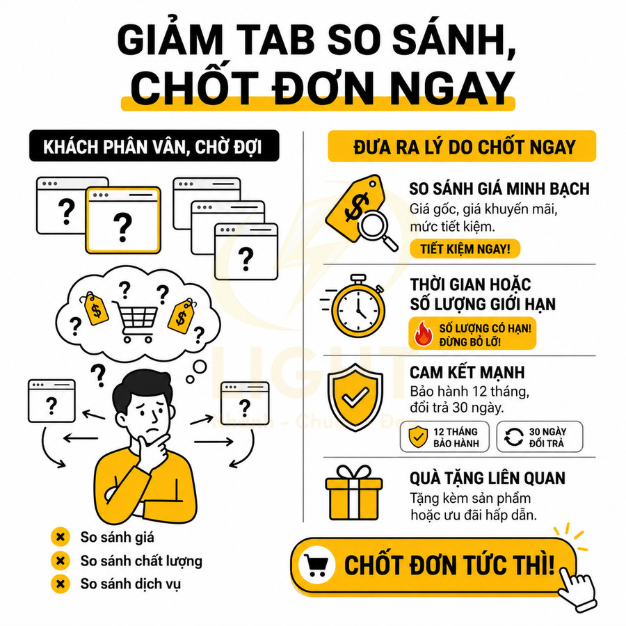 Infographic mẹo chốt đơn nhanh với so sánh giá minh bạch, giới hạn thời gian, cam kết bảo hành và quà tặng kèm