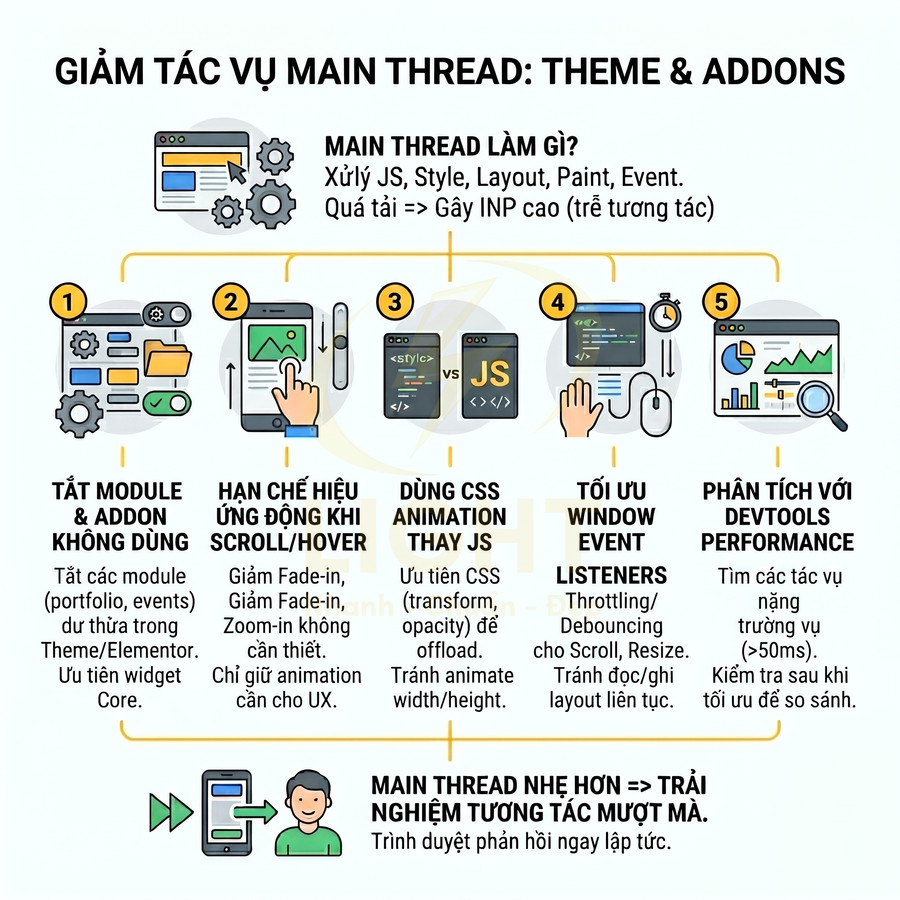 Infographic tối ưu main thread theme và addons với 5 bước giảm tác vụ JS CSS cho trải nghiệm web mượt hơn