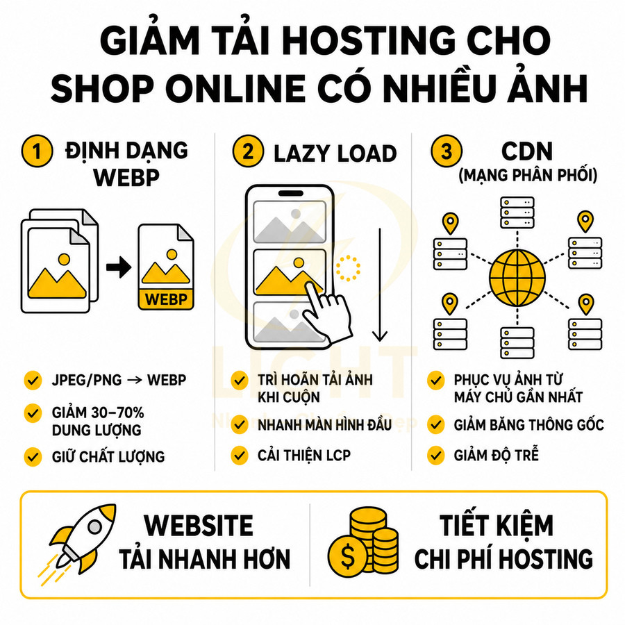 Hướng dẫn tối ưu hình ảnh web bằng WebP, lazy load và CDN để tăng tốc website và giảm chi phí hosting cho shop online