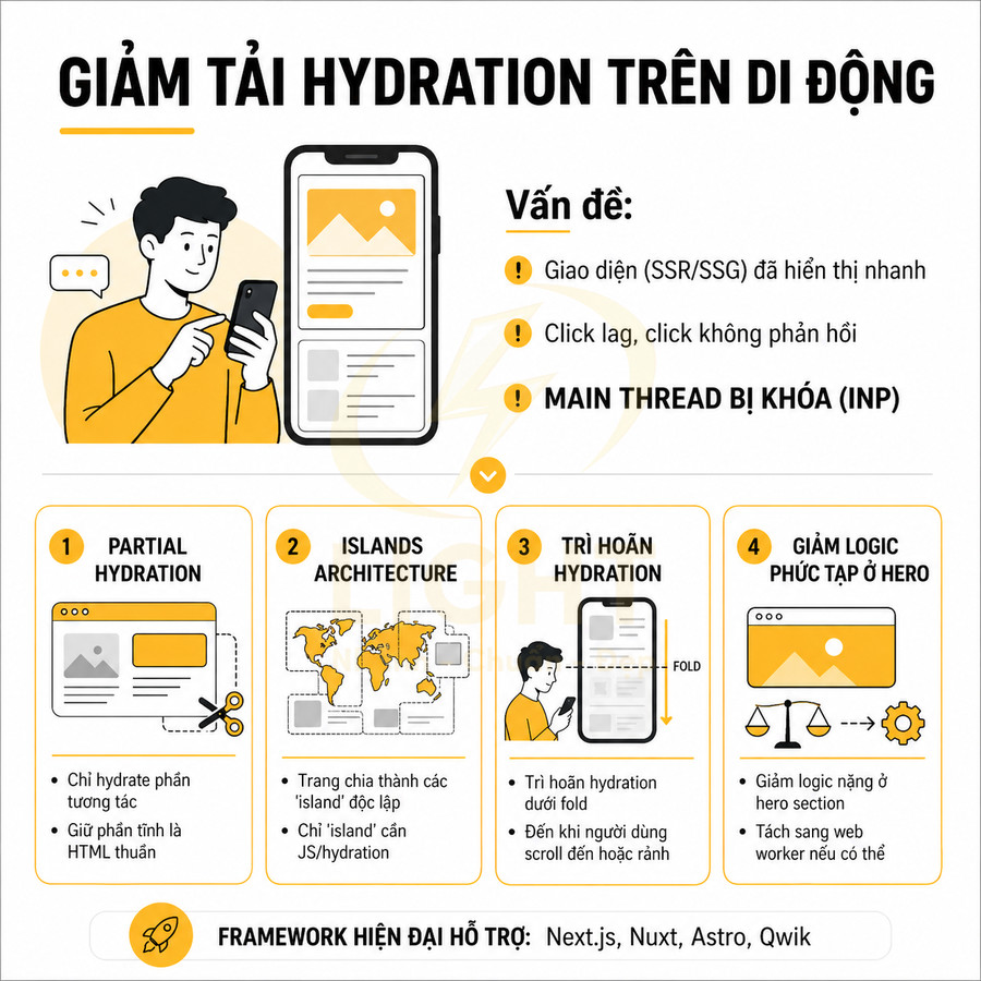Infographic giảm tải hydration trên di động với minh họa lập trình web và các giải pháp tối ưu hiệu năng