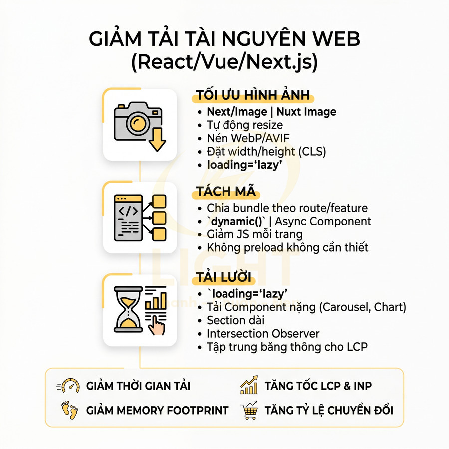 Infographic tối ưu hiệu năng web React Vue Next.js với tối ưu hình ảnh tách mã và tải lười