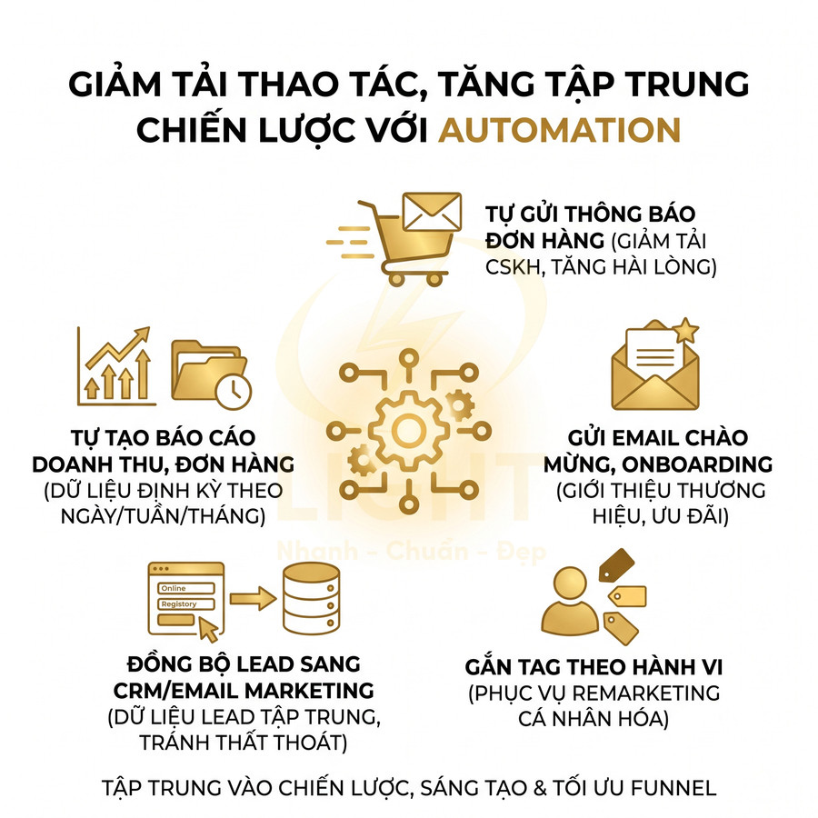 Giải pháp automation marketing giảm thao tác, tự động gửi đơn hàng, email chào mừng, báo cáo doanh thu và đồng bộ lead
