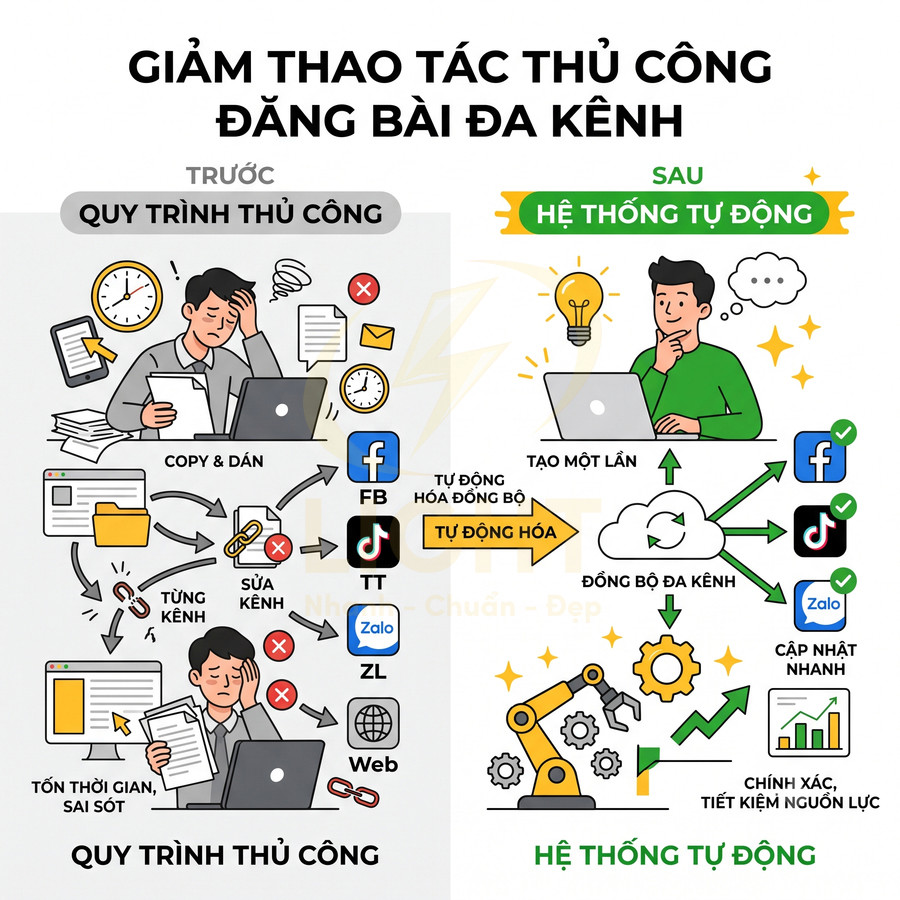 Minh họa so sánh quy trình đăng bài thủ công và hệ thống tự động đồng bộ đa kênh Facebook TikTok Zalo Web