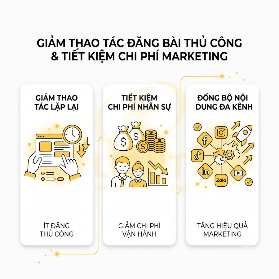 Giải pháp tự động đăng bài marketing giúp giảm thao tác thủ công, tiết kiệm chi phí nhân sự và đồng bộ nội dung đa kênh