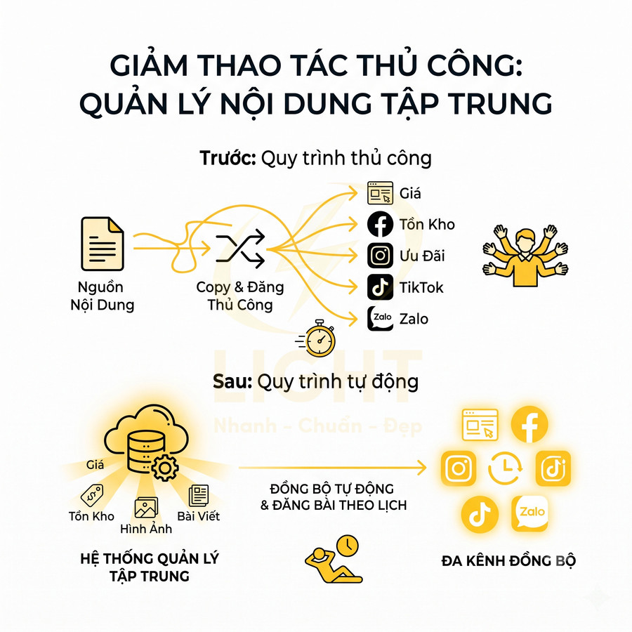 Mô tả hệ thống quản lý nội dung tập trung, tự động đăng bài đa kênh Facebook Instagram TikTok Zalo