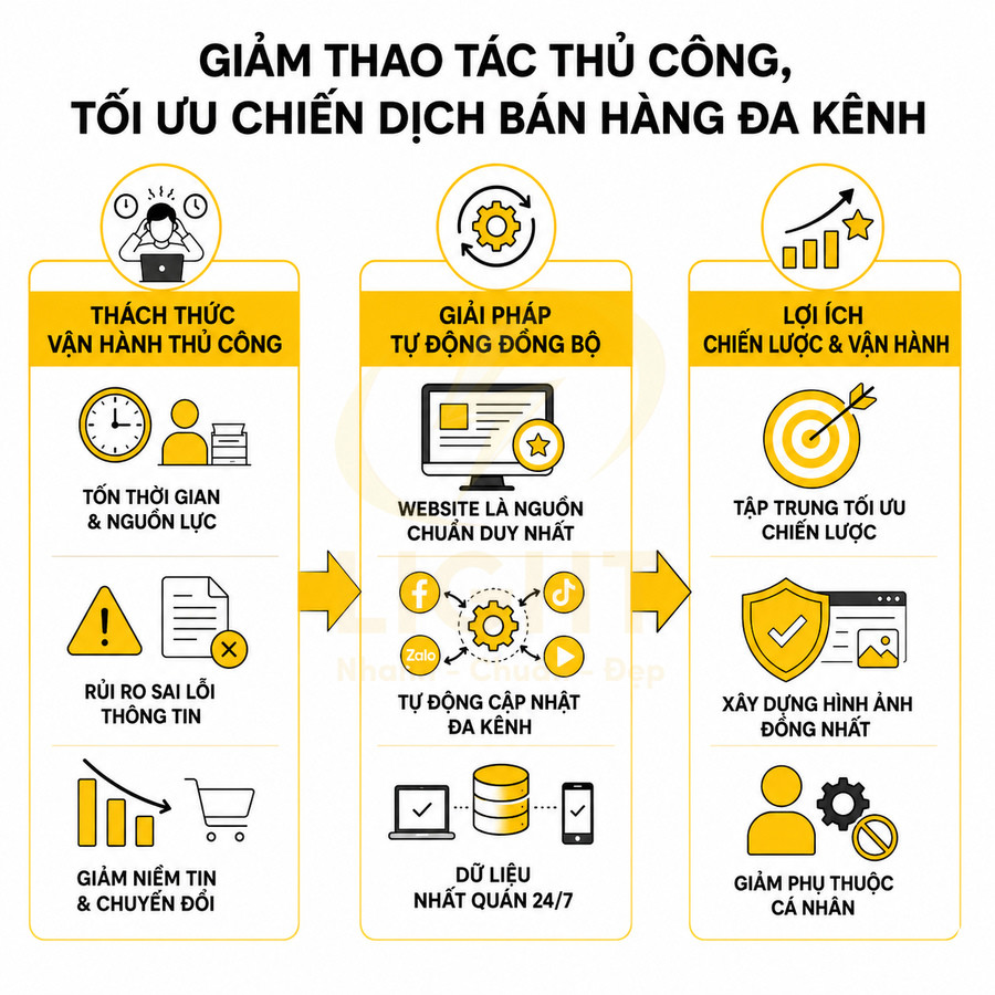 Infographic giải pháp tự động đồng bộ giúp giảm thao tác thủ công và tối ưu chiến dịch bán hàng đa kênh