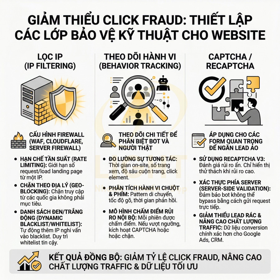 Infographic giảm thiểu click fraud với lọc IP, theo dõi hành vi và captcha bảo vệ website, nâng cao chất lượng traffic