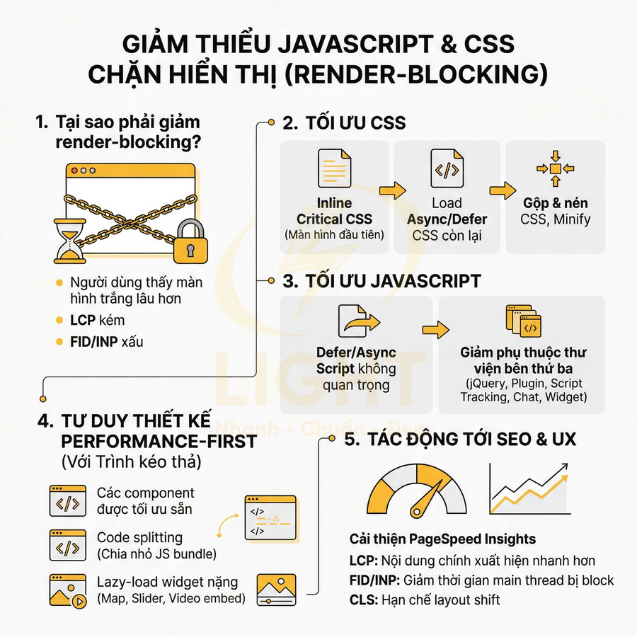 Infographic hướng dẫn giảm JavaScript và CSS chặn hiển thị để tối ưu tốc độ tải trang web và SEO