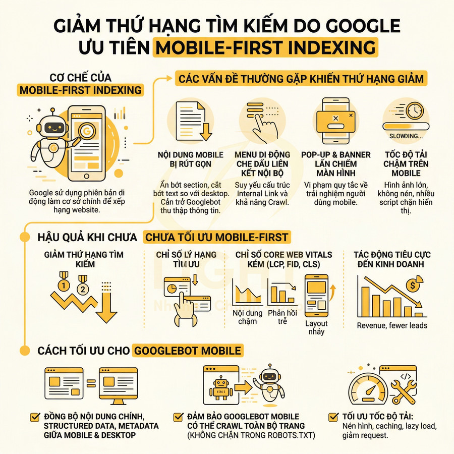 Infographic giải thích tác động của Google mobile first indexing và cách tối ưu SEO cho website trên thiết bị di động