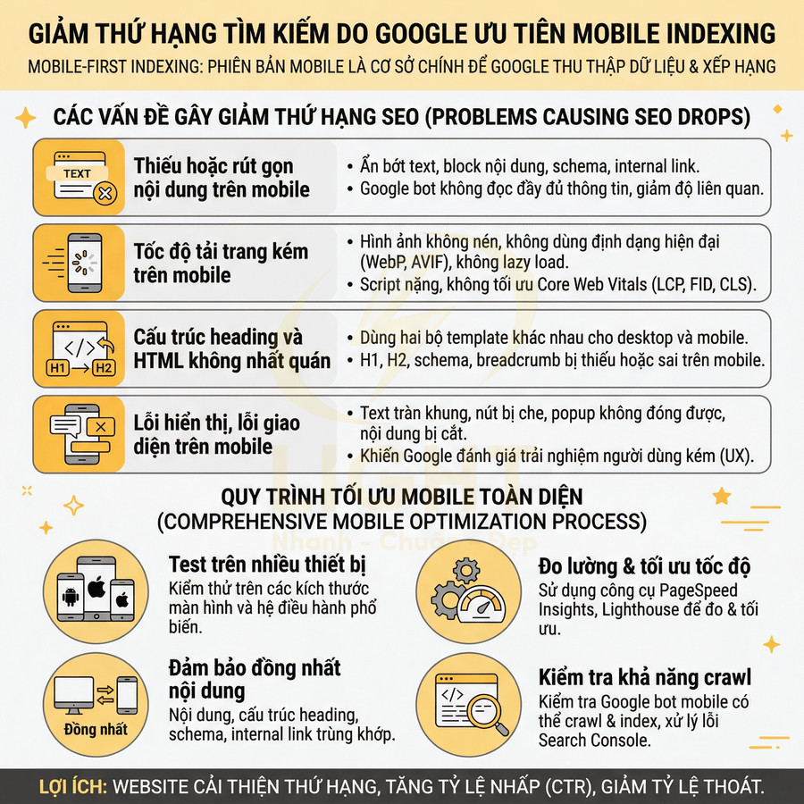 Infographic hướng dẫn tối ưu SEO mobile, liệt kê lỗi thường gặp và quy trình tối ưu hóa trải nghiệm trên thiết bị di động