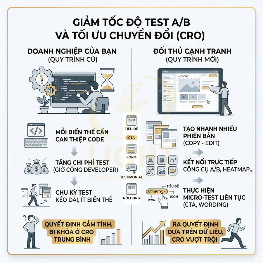 Infographic so sánh quy trình test A/B cũ và mới, tối ưu chuyển đổi CRO cho doanh nghiệp và đối thủ cạnh tranh