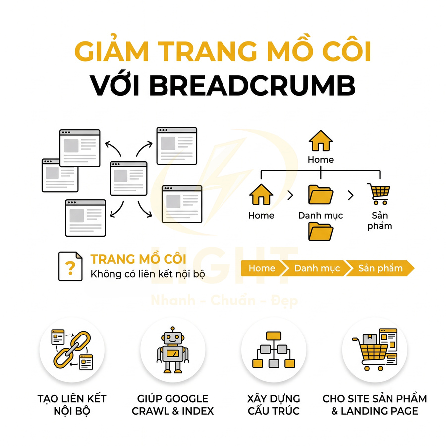 Hình minh họa lợi ích của breadcrumb trong SEO giúp giảm trang mồ côi và tối ưu cấu trúc website