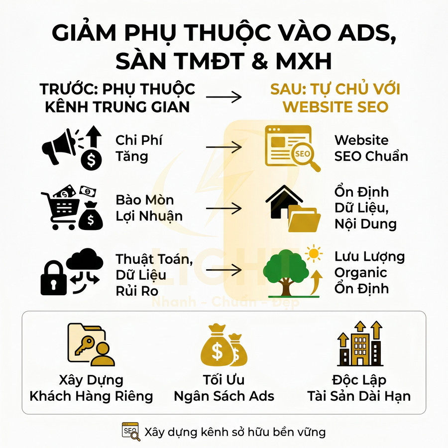 Hình minh họa lợi ích xây dựng website chuẩn SEO để giảm phụ thuộc quảng cáo, sàn thương mại điện tử và mạng xã hội
