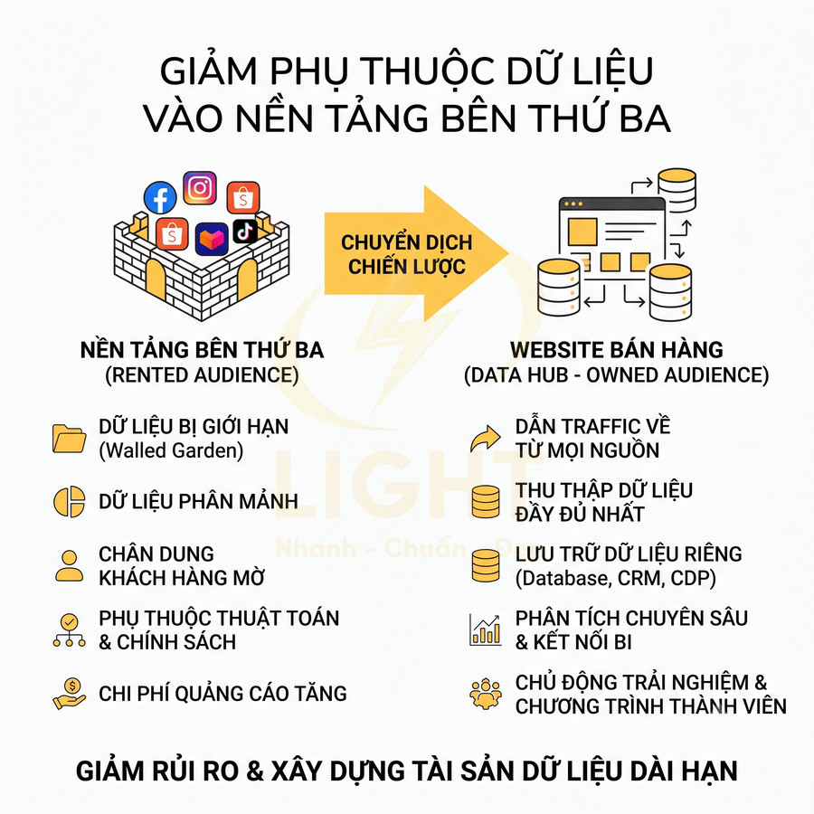 Infographic so sánh nền tảng bên thứ ba và website bán hàng trong chiến lược giảm phụ thuộc dữ liệu marketing