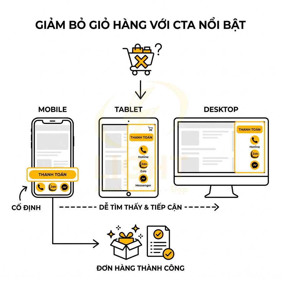 Minh họa CTA thanh toán nổi bật trên mobile, tablet, desktop giúp giảm bỏ giỏ hàng và tăng đơn hàng thành công