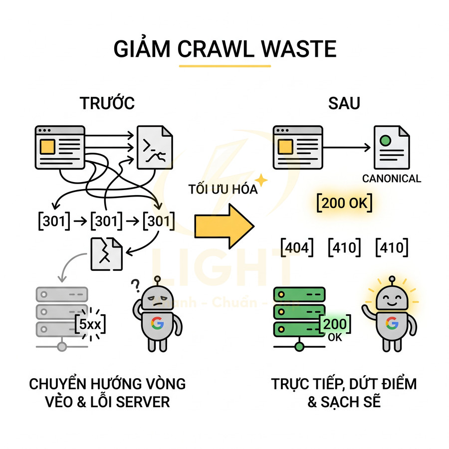 Minh họa tối ưu crawl waste trong SEO với chuyển hướng 301, lỗi 5xx và trạng thái 200, 404, 410