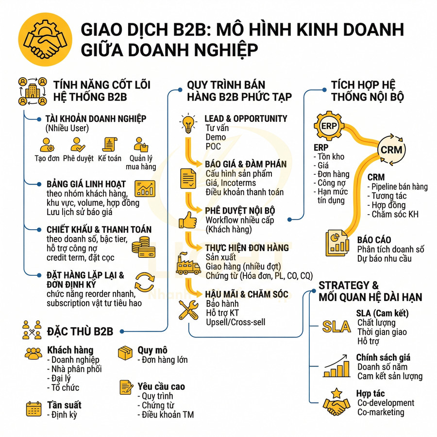 Infographic mô tả mô hình kinh doanh B2B, quy trình bán hàng, tính năng hệ thống B2B và tích hợp ERP CRM