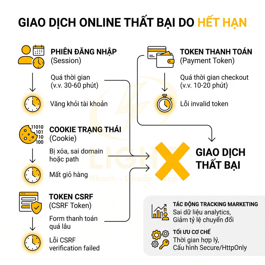 Sơ đồ các nguyên nhân giao dịch online thất bại do hết hạn session, cookie, token thanh toán và CSRF token