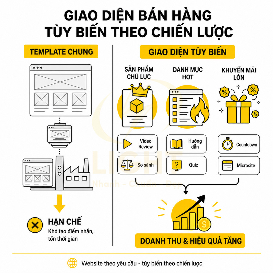 Mẫu giao diện website bán hàng tùy biến theo chiến lược với sản phẩm chủ lực, danh mục hot và khuyến mãi lớn