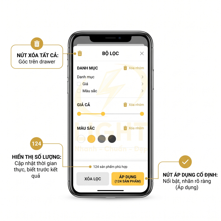 Giao diện bộ lọc sản phẩm trên iPhone với tùy chọn danh mục giá màu sắc và nút áp dụng nổi bật