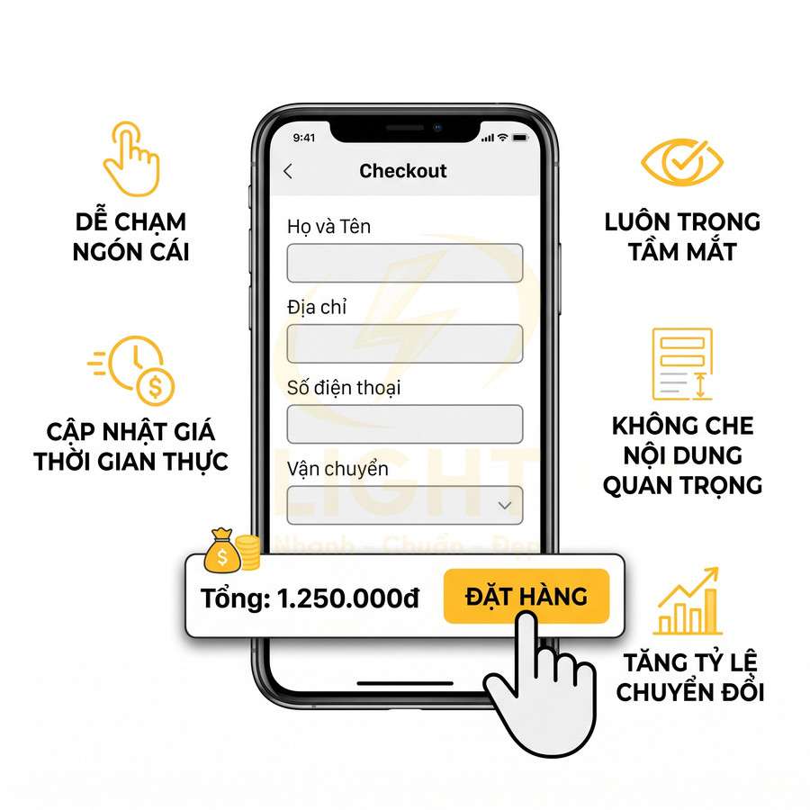 Giao diện thanh toán trên iPhone với nút đặt hàng màu vàng và tổng tiền 1.250.000đ nổi bật