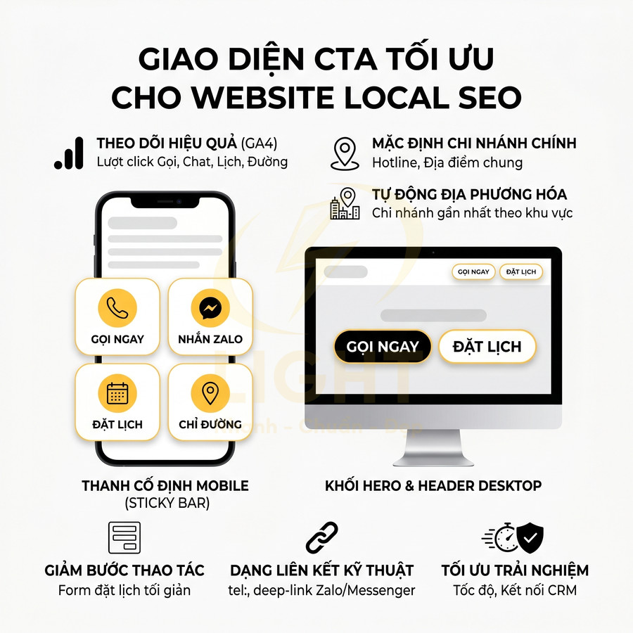 Giao diện CTA tối ưu cho website local SEO với nút gọi ngay, nhắn Zalo, đặt lịch, chỉ đường trên mobile và desktop