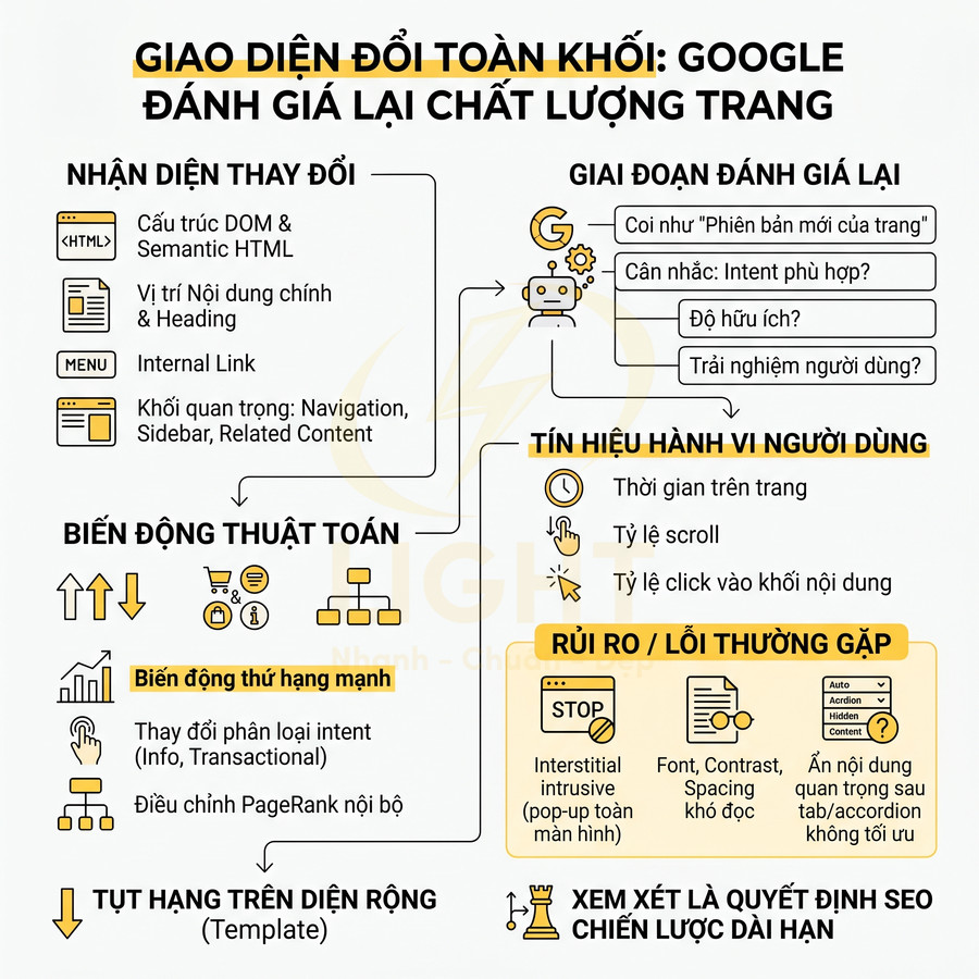 Infographic quy trình Google đánh giá lại chất lượng trang web sau khi thay đổi giao diện và tác động đến SEO