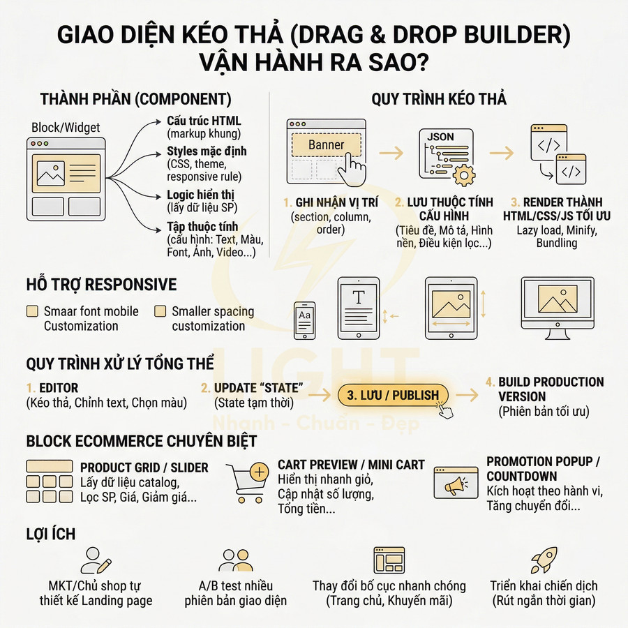 Infographic quy trình hoạt động giao diện kéo thả drag and drop builder cho thiết kế landing page responsive